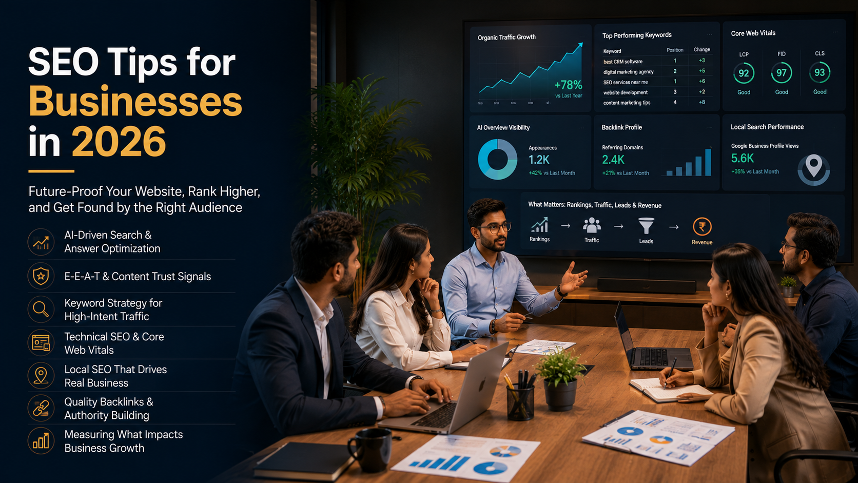 SEO strategy for businesses in 2026 showing AI Overviews, technical SEO, E-E-A-T, and search ranking optimization