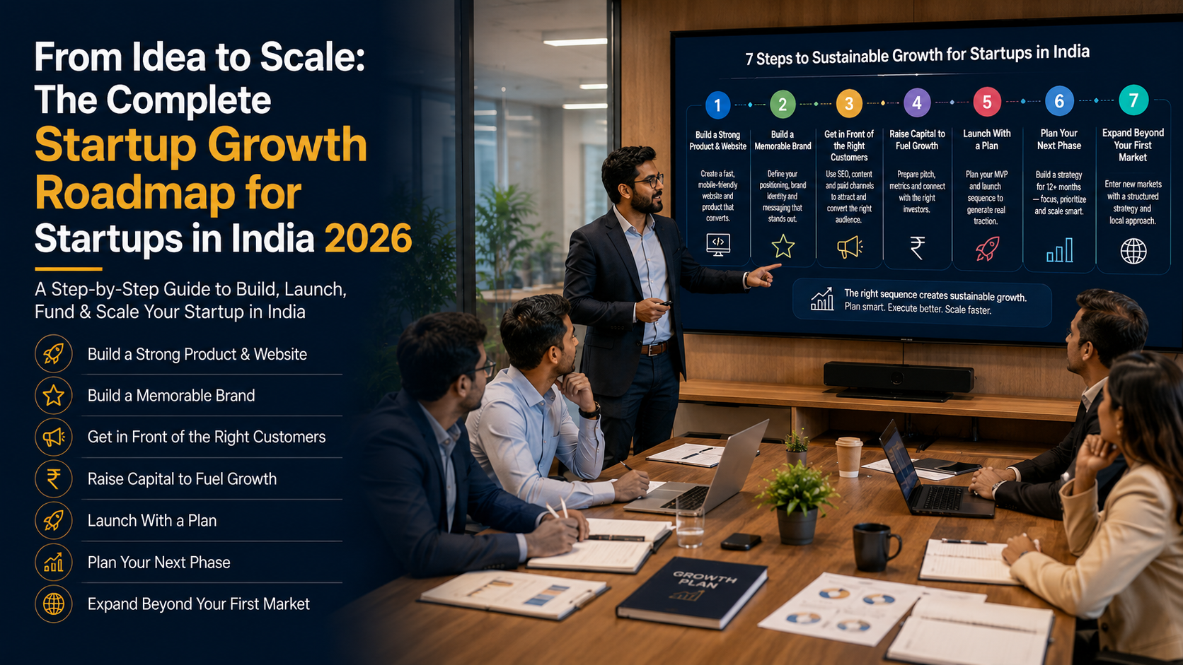 Startup growth roadmap in India showing the journey from idea validation to branding, marketing, funding, and scaling in 2026